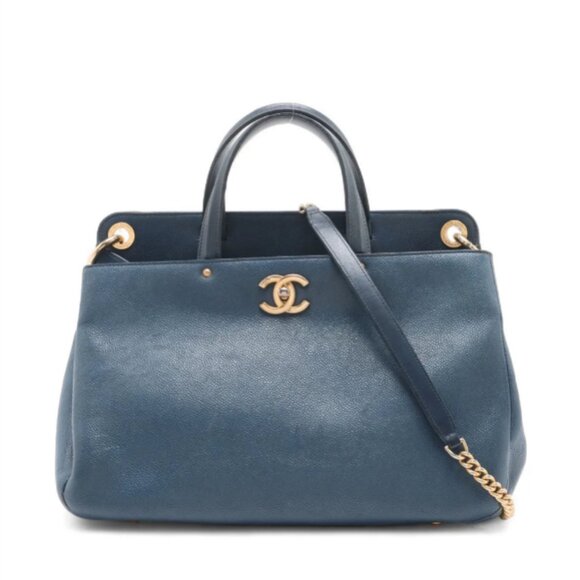 Chanel CC Logo Caviar Skin Two-Way Handbag Blue - Picture 1 of 16